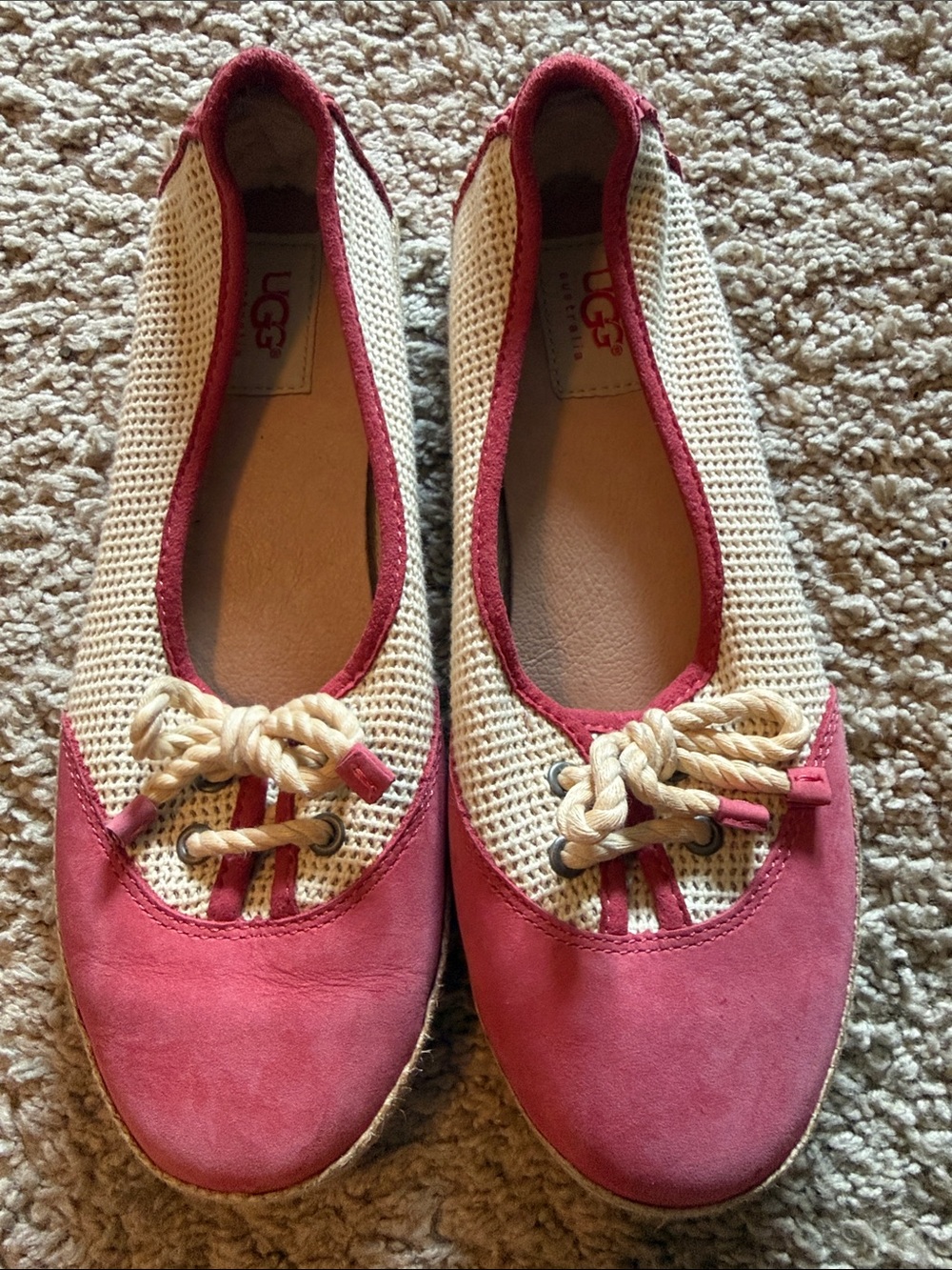 UGG Women’s Pink and Cream Rope-Trim Slip-On Flats